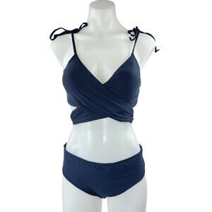 Women's Black Sleeveless Tie Strap Two Piece Twist Wrap Beach Bikini Swimwear S